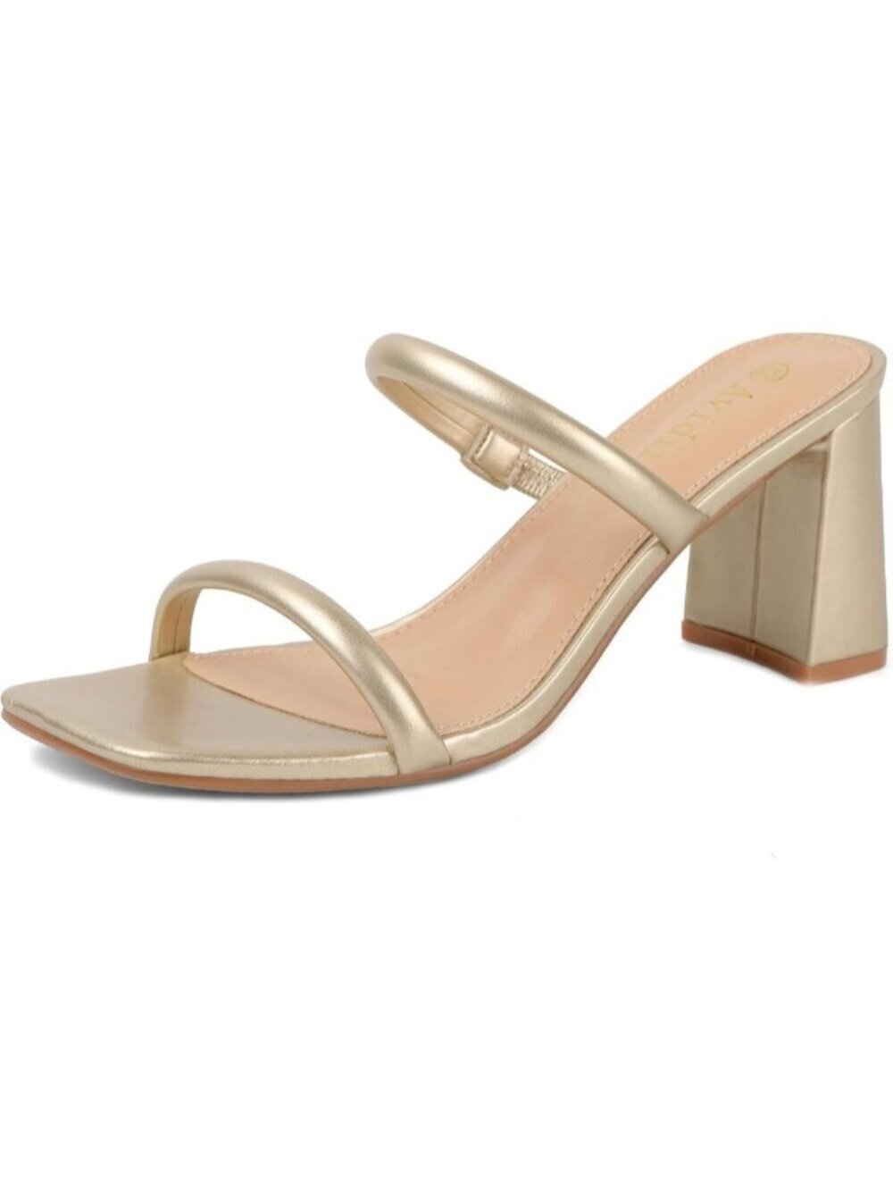 🆕Women's Gold Leather Square Open Toe Two Strap Block Chunky Heeled Sandals
